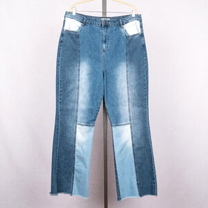 Madden NYC Blue Patchwork Denim Jeans Women's Size 21 Raw Hem Hi-Rise 31" Inseam